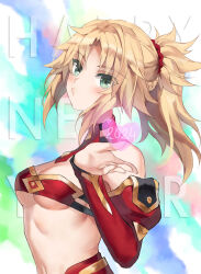 Rule 34 | 1girl, 2024, bandeau, bare shoulders, blonde hair, braid, breasts, detached collar, detached sleeves, fate/apocrypha, fate/grand order, fate (series), french braid, green eyes, heart, highres, long hair, looking at viewer, mordred (fate), mordred (fate/apocrypha), navel, parted bangs, parted lips, ponytail, sidelocks, small breasts, solo, tonee