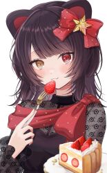 Rule 34 | 1girl, animal ears, blush, bow, brown hair, cake, christmas, commentary, dog ears, dog girl, food, fork, fruit, hair bow, heterochromia, highres, holding, holding fork, inui toko, inui toko (5th costume), jewelry, lace, medium hair, necklace, nijisanji, red bow, red eyes, smile, solo, strawberry, strawberry shortcake, virtual youtuber, yellow eyes, yoshiki1020