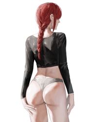 Rule 34 | 1girl, ass, ass focus, ass support, black shirt, braid, braided ponytail, chainsaw man, crop top, faceless, faceless female, facing away, from behind, highres, long hair, long sleeves, makima (chainsaw man), panties, raberu ruru, red hair, shirt, simple background, solo, standing, thong, underwear, white background, white panties