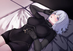 Rule 34 | 1girl, 3 small spiders, absurdres, bed, black bodysuit, black shorts, bodysuit, girls&#039; frontline, hand on own stomach, hand up, highres, looking at viewer, lying, on back, on bed, open mouth, purple eyes, rpk-16 (girls&#039; frontline), short hair, shorts, tactical clothes