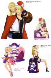 Rule 34 | 1girl, 2boys, ;d, arm support, arm up, armpits, artbook, artist name, back, bare shoulders, baseball cap, belt, blonde hair, blue eyes, bracelet, breasts, choker, cleavage, copyright name, cropped jacket, crossed legs, denim, dog, dress, eye contact, fatal fury, fingerless gloves, floating hair, flower, garou: mark of the wolves, gloves, hair between eyes, hair flower, hair ornament, hand on head, hat, unworn hat, head rest, unworn headwear, hibiscus, high heels, highres, holding, jacket, jeans, jenet behrn, jewelry, jolly roger, kita senri, legs, logo, long hair, looking at another, looking at viewer, looking back, medium breasts, multiple boys, no bra, official art, one eye closed, open clothes, open jacket, open mouth, outstretched arms, own hands together, pants, pirate, pirate hat, red eyes, rock howard, scan, senno aki, shoes, short hair, side slit, sideboob, simple background, sitting, skull and crossbones, smile, snk, spread arms, tattoo, terry bogard, the king of fighters, thigh strap, white background, wind, wind lift, wink