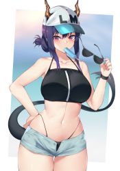 Rule 34 | 1girl, arknights, bare shoulders, baseball cap, bikini, bikini under clothes, black bikini, blue hair, blush, breasts, ch&#039;en (arknights), ch'en (arknights), clothes writing, collarbone, commentary, cowboy shot, dragon horns, dragon tail, eyebrows visible through hat, eyelashes, unworn eyewear, female tourist c (arknights), food, glint, hair between eyes, hand on own hip, hand up, hat, highleg, highleg bikini, holding, holding removed eyewear, horns, horns through headwear, kuavera, large breasts, long hair, looking at viewer, mouth hold, navel, official alternate costume, open fly, popsicle, red eyes, short shorts, shorts, solo, standing, stomach, sunglasses, swimsuit, tail, thick thighs, thigh gap, thighs, unbuttoned, wide hips, wristband