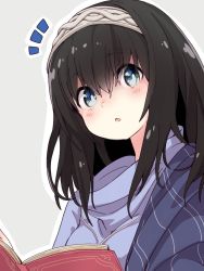 Rule 34 | 1girl, :o, black hair, blue eyes, blue sweater, blush, book, grey background, grey hairband, hair between eyes, hairband, idolmaster, idolmaster cinderella girls, long hair, looking at viewer, notice lines, open book, outline, parted lips, sagisawa fumika, solo, sweater, tadanoshi kabane, upper body, white outline