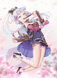 Rule 34 | 1girl, :d, arm guards, armor, armored dress, arms up, ayaka (genshin impact), bare legs, black gloves, blue capelet, blue eyes, blue flower, blue hair, blue skirt, blunt bangs, blurry, blurry background, blurry foreground, blush, bow, branch, breastplate, breasts, bridal gauntlets, capelet, cherry blossoms, collarbone, day, depth of field, dou, dress, falling petals, fantasy, fingerless gloves, floral print, flower, flower knot, folded fan, folding fan, full body, genshin impact, gloves, gold, gold trim, grey eyes, hair bow, hair ornament, hair ribbon, hancho xo, hand fan, hands up, high collar, highres, holding, holding fan, ice, ice crystal, jacket, japanese armor, japanese clothes, jewelry, jumping, knot, kusazuri, legs, legs folded, light blue dress, light blue hair, long hair, looking at viewer, medium breasts, mole, mole under eye, neck ring, necklace, open mouth, outdoors, panties, pantyshot, parted bangs, partially fingerless gloves, petals, pink background, pink flower, plate armor, ponytail, ribbon, sidelocks, skirt, smile, snow, snowflakes, snowing, socks, solo, spring (season), tassel, thighs, tree, tress ribbon, underwear, very long hair, wide sleeves