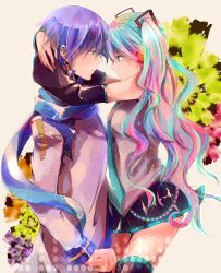 Rule 34 | 1boy, 1girl, aqua eyes, aqua hair, arms around neck, bad id, bad pixiv id, blue eyes, blue hair, blue scarf, couple, detached sleeves, eye contact, hatsune miku, headphones, hetero, kaito (vocaloid), long hair, looking at another, michiru (idea style), nail polish, necktie, scarf, simple background, skirt, thighhighs, twintails, very long hair, vocaloid