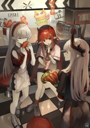 Rule 34 | 3girls, alternate costume, apron, arknights, black footwear, black skirt, breasts, checkered floor, chicken (food), closed eyes, clothing cutout, commentary request, drink, eating, facing away, food, fried chicken, grey hair, grey socks, hairband, hemorina, highres, holding, holding drink, holding food, holding plate, horns, large breasts, lettuce, long hair, mudrock (arknights), multiple girls, neon sign, plate, pointy ears, radio, red eyes, red hair, red hairband, red shirt, red socks, red wrist cuffs, shirt, shorts, shoulder cutout, signature, skirt, socks, t-shirt, trait connection, vigna (arknights), waist apron, warfarin (arknights), white apron, white shirt, wrist cuffs