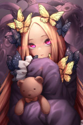Rule 34 | 1girl, abigail williams (fate), black bow, black dress, black hat, blonde hair, bow, bug, butterfly, closed mouth, commentary request, dress, fate/grand order, fate (series), hair bow, hands in opposite sleeves, hat, head tilt, highres, hugging object, insect, long hair, long sleeves, looking at viewer, naidong (artist), orange bow, parted bangs, pink eyes, polka dot, polka dot bow, solo, stuffed animal, stuffed toy, suction cups, teddy bear, tentacles, very long hair
