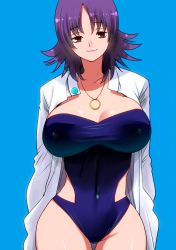 Rule 34 | 1girl, black one-piece swimsuit, blue background, breasts, cleavage, coat, covered erect nipples, covered navel, creatures (company), game freak, half-closed eyes, jewelry, lab coat, large breasts, looking at viewer, necklace, nintendo, one-piece swimsuit, open clothes, open coat, perepere-kun, philena ivy, pokemon, pokemon (anime), pokemon (classic anime), purple eyes, purple hair, purple one-piece swimsuit, short hair, simple background, solo, strapless, strapless one-piece swimsuit, swimsuit, white coat