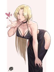 Rule 34 | 1girl, absurdres, artist name, backless dress, backless outfit, black dress, blonde hair, blowing kiss, blush, breasts, cleavage, commentary, dress, english commentary, feet out of frame, french tips, hand on own knee, hand up, hanging breasts, heart, highres, hip vent, jujutsu kaisen, large breasts, leaning forward, lips, long dress, long hair, looking at viewer, modakawa dress, no bra, one eye closed, parted lips, pink nails, shibewave, simple background, solo, straight hair, tsukumo yuki (jujutsu kaisen), white background