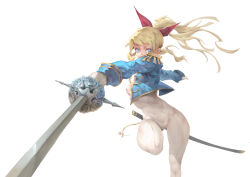 Rule 34 | 1girl, blonde hair, blue eyes, bow, floral print, gloves, hair bow, highres, holding, holding weapon, medium hair, original, ponytail, rapier, rose print, scabbard, see-through, sheath, simple background, skin tight, solo, sword, weapon, white background, yamacannon