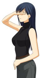 Rule 34 | 00s, 1girl, a1 (initial-g), bare arms, bare shoulders, black hair, covering face, covering own eyes, covering privates, long hair, maria-sama ga miteru, ogasawara sachiko, simple background, sleeveless, sleeveless turtleneck, solo, turtleneck, white background