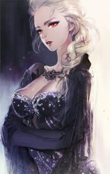 Rule 34 | 1girl, alternate eye color, blonde hair, braid, breasts, cleavage, crossed arms, dark persona, dress, elsa (frozen), frozen (disney), goth fashion, half-closed eyes, jewelry, large breasts, long hair, looking at viewer, portrait, queen, realistic, red eyes, see-through, single braid, solo, zis
