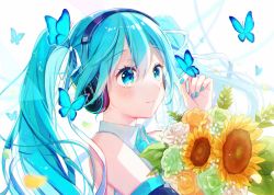 Rule 34 | 1girl, animal, asagao minoru, black sleeves, blue eyes, blue hair, blue nails, blue necktie, blue ribbon, blush, bouquet, bug, butterfly, closed mouth, collared shirt, commentary request, detached sleeves, flower, green flower, green rose, hair between eyes, hand up, hatsune miku, headphones, highres, insect, long hair, looking away, nail polish, necktie, ribbon, rose, shirt, sleeveless, sleeveless shirt, smile, solo, sunflower, twintails, vocaloid, white flower, white rose, white shirt, yellow flower, yellow rose
