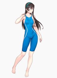 Rule 34 | 1girl, alternate costume, barefoot, black hair, blue one-piece swimsuit, blush, breasts, clothes pull, collarbone, commentary request, competition swimsuit, full body, glasses, green eyes, grey background, hairband, highres, kantai collection, long hair, looking at viewer, one-piece swimsuit, one-piece swimsuit pull, ooyodo (kancolle), semi-rimless eyewear, simple background, small breasts, solo, standing, swimsuit, under-rim eyewear, yuuji (and)