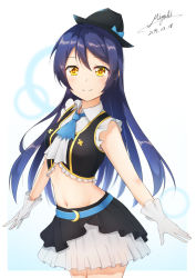 Rule 34 | 1girl, bare shoulders, blue hair, closed mouth, commentary request, cowboy shot, gloves, hair between eyes, haruna miyabi, hat, highres, long hair, looking at viewer, love live!, love live! school idol project, midriff, navel, no brand girls, simple background, skirt, smile, solo, sonoda umi, standing, white background, white gloves, yellow eyes