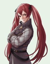 Rule 34 | 1girl, bad id, bad twitter id, belt, black ribbon, closed mouth, crossed arms, fire emblem, fire emblem fates, frown, gloves, hair ribbon, kazuko (towa), long hair, long sleeves, nintendo, red eyes, red hair, ribbon, selena (fire emblem fates), simple background, solo, twintails, upper body