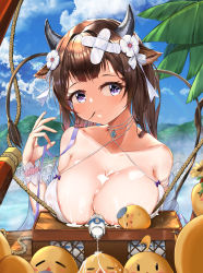 Rule 34 | 1girl, 6+others, absurdres, alternate hair length, alternate hairstyle, animal ears, areola slip, azur lane, bandaged head, bandages, bare shoulders, between breasts, bikini, bottle, bow, breast rest, breasts, brown hair, censored, censored nipples, choker, cleavage, closed mouth, cloud, collarbone, convenient censoring, cow ears, cow girl, cow horns, cow tail, detached sleeves, female focus, flower, hair bow, hair flower, hair in own mouth, hair ornament, halterneck, hand up, head tilt, highres, hill, holding, holding ribbon, horns, huge breasts, jewelry, kashino (azur lane), kashino (hot springs relaxation) (azur lane), looking at viewer, manjuu (azur lane), medium hair, micro bikini, milk, milk bottle, milk on breasts, multiple others, necklace, onbashira, outdoors, palm tree, purple eyes, purple ribbon, qwertame, ribbon, rope, see-through, see-through sleeves, shrine, sky, smile, spilling, string bikini, suggestive fluid, swimsuit, tail, tree, upper body, white bikini, white bow, white flower