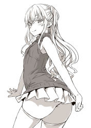 Rule 34 | 1girl, asanagi, ass, fang, greyscale, long hair, microskirt, monochrome, no panties, original, pleated skirt, simple background, skirt, sleeveless, sleeveless turtleneck, solo, thighhighs, turtleneck, twintails, white background