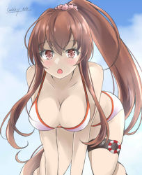 Rule 34 | 1girl, all fours, bikini, blue sky, breasts, brown eyes, brown hair, cleavage, cloud, gakky, kantai collection, large breasts, long hair, looking at viewer, one-hour drawing challenge, ponytail, scrunchie, sky, solo, swimsuit, white bikini, yamato (kancolle)