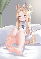 Rule 34 | 1girl, absurdres, animal ears, barefoot, blonde hair, blue archive, blush, feet, highres, long hair, looking at viewer, lts kakuyo, seia (blue archive), soles, toes, yellow eyes