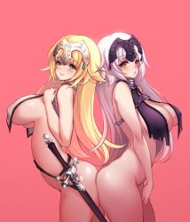Rule 34 | 2girls, ass, ass-to-ass, bare arms, blonde hair, blush, bottomless, breasts, butt crack, chain, cleavage, closed mouth, collar, fate (series), green eyes, jeanne d&#039;arc (fate), jeanne d&#039;arc (ruler) (fate), jeanne d&#039;arc alter (avenger) (fate), jeanne d&#039;arc alter (fate), large breasts, long hair, multiple girls, pink background, purple hair, simple background, sword, tiara, toriseru (rare stone), weapon, yellow eyes