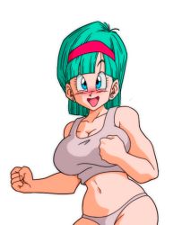 Rule 34 | 1girl, bare arms, bare legs, bare shoulders, blue eyes, blush, breasts, bulma, cleavage, cowboy shot, crop top, curvy, dragon ball, dragonball z, earrings, green hair, grey panties, grey tank top, groin, hairband, jewelry, large breasts, looking at viewer, midriff, navel, open mouth, panties, red hairband, short hair, smile, solo, standing, tank top, thighs, thong, transparent background, underwear, yamamoto doujin