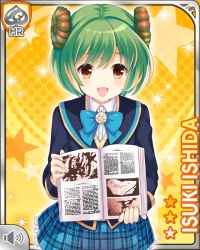 Rule 34 | 1girl, blue jacket, blue skirt, book, card, cardigan, character name, dinosaur, girlfriend (kari), green hair, hair ornament, holding, ishida isuki, jacket, japanese text, looking at viewer, official art, open mouth, plaid, plaid skirt, qp:flapper, raised arm, short hair, skirt, smile, solo, strap, tagme, yellow background, yellow eyes