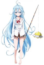 Rule 34 | 10s, 1girl, ahoge, artist request, bad id, barefoot, blue eyes, blue hair, bow, denpa onna to seishun otoko, fishing rod, flying saucer, holding, holding fishing rod, long hair, matching hair/eyes, no bra, off shoulder, official art, ribbon, school uniform, simple background, skirt, solo, spacecraft, touwa erio, ufo, very long hair