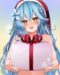 Rule 34 | 1girl, :d, blue hair, blush, box, commentary request, festa11307070, flower, gift, gift box, hair flower, hair ornament, half updo, hat, hololive, long hair, looking at viewer, multicolored hair, open mouth, pointy ears, santa hat, signature, smile, snowflake print, solo, streaked hair, upper body, virtual youtuber, yellow eyes, yukihana lamy