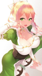Rule 34 | 1girl, arm up, blonde hair, blush, bracelet, braid, breasts, cait aron, choker, cleavage, collarbone, green eyes, hair between eyes, hair ornament, highres, jewelry, large breasts, leafa, long hair, looking at viewer, open mouth, pointy ears, ponytail, side braid, solo, sword art online, teeth, thighhighs, twin braids, upper teeth only, very long hair, white thighhighs