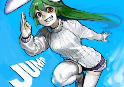 Rule 34 | 1girl, animal ears, attall, character request, green hair, grin, long hair, nanbo ataru (attall), rabbit ears, red eyes, ribbed sweater, running, salute, sharp teeth, shorts, simple background, smile, solo, sweater, teeth, thighhighs, turtleneck, white thighhighs, zettai ryouiki