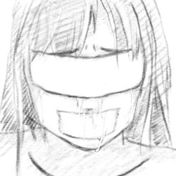 Rule 34 | 1other, bad id, bad pixiv id, blindfold, collarbone, crying, gag, gagged, greyscale, improvised gag, long hair, monochrome, original, sketch, snot trail, solo, streaming tears, tape, tape gag, tears, traditional media, white background