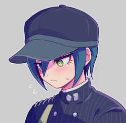 Rule 34 | 1boy, baseball cap, black hair, blush, buttons, commentary request, danganronpa (series), danganronpa v3: killing harmony, double-breasted, eyelashes, flying sweatdrops, frown, green hair, grey background, hat, jacket, looking down, male focus, outline, portrait, saihara shuichi, sasakama (sasagaki01), short hair, simple background, solo, striped clothes, striped jacket, white outline, yellow eyes