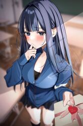 Rule 34 | 1girl, bandaid, bandaid on hand, black skirt, black socks, blue hair, blue jacket, blunt bangs, blurry, blurry background, blush, breasts, classroom, cleavage, commentary request, ear blush, gift, highres, holding, holding gift, incoming gift, indoors, jacket, large breasts, long hair, long sleeves, looking at viewer, miniskirt, original, partially unzipped, pleated skirt, sidelocks, skirt, sleeves past wrists, socks, solo, uiri-na