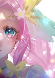 Rule 34 | 1girl, commentary, cure felice, dress, english commentary, eyelashes, flower, green eyes, hair flower, hair ornament, hanami kotoha, happy, highres, long hair, looking at viewer, magical girl, mahou girls precure!, minccino7, pink hair, precure, simple background, smile, solo, white background