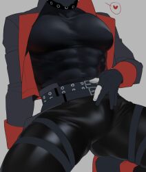Rule 34 | #compass, 1boy, abs, absurdres, albino, ambush (trap), belt, belt buckle, black belt, black collar, black footwear, black jacket, black mask, black pants, black shirt, black straps, boots, buckle, bulge, collar, crouching, gloves, gluteal fold, grey background, hand on crotch, hand on own crotch, head out of frame, heart, highres, hood, hood up, hooded jacket, huge pectorals, jacket, large pectorals, long sleeves, male focus, mask, mouth mask, multicolored clothes, multicolored footwear, multicolored jacket, muscular, muscular male, open clothes, open jacket, pants, partially fingerless gloves, pectorals, red footwear, red jacket, shiny clothes, shirt, short hair, simple background, skin tight, solo, spoken heart, squatting, tagme, thick thighs, thigh strap, thighs, thirteen (#compass), white hair, yebiusd