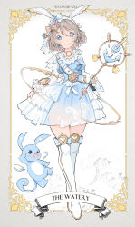 Rule 34 | 1girl, anchor, animal ears, bad id, bad pixiv id, blue bow, blue eyes, blush, boots, border, bow, brown bow, character name, creature, crossover, dress, earrings, english text, fake animal ears, flower, frills, full body, gold trim, grey border, grey hair, hair between eyes, hair bow, hair flower, hair ornament, hair stick, heart, highres, holding, holding staff, hoop, jewelry, knee boots, long hair, looking at viewer, love live!, love live! school idol festival, love live! sunshine!!, necklace, outside border, qianqian, rabbit ears, see-through, short hair, shoulder belt, skirt hold, smile, solo, staff, star (symbol), star earrings, watanabe you, white footwear
