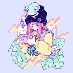 Rule 34 | 1girl, backpack, bag, blue background, crisalys, frog, game, hat, leaf, long hair, original, outside border, pink hair, solo, sweater, thick eyebrows