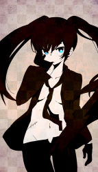 Rule 34 | 10s, 1girl, black hair, black rock shooter, black rock shooter (character), blue eyes, breasts, formal, gloves, jacket, kl (dgzonbi), long hair, navel, necktie, open clothes, open shirt, pale skin, pant suit, pants, scar, shirt, small breasts, solo, suit, twintails, uneven twintails, very long hair