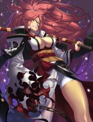 Rule 34 | 1girl, amputee, baiken, breasts, cleavage, guilty gear, guilty gear xrd, highres, japanese clothes, kimono, large breasts, long hair, looking at viewer, obi, one-eyed, open clothes, open kimono, pink eyes, pink hair, ponytail, sash, scar, scar across eye, scar on face, solo, souma kira, sword, tattoo, weapon
