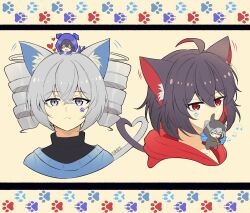 Rule 34 | 4koma, absurdres, ahoge, animal ears, beamed eighth notes, black hair, black shirt, blue hair, blue sweater, bronya zaychik, brown background, carrot, cat ears, cat girl, cat tail, collarbone, comic, commentary, dog ears, drill hair, dual persona, eating, english commentary, facial mark, fake animal ears, fang, fang out, food, grey eyes, grey hair, hair between eyes, heart, highres, holding, holding food, honkai (series), honkai impact 3rd, hood, hood down, hood up, hoodie, kemonomimi mode, mini person, minigirl, mouth hold, multicolored hair, musical note, paw print, paw print background, portrait, prjctbnny, rabbit ears, red eyes, red hair, red hoodie, seele (alter ego), seele vollerei, shirt, streaked hair, sweater, tail, twin drills, twintails, two-tone hair