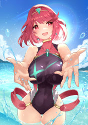 Rule 34 | 1girl, absurdres, black one-piece swimsuit, breasts, chest jewel, competition swimsuit, highres, large breasts, one-piece swimsuit, pyra (pro swimmer) (xenoblade), pyra (xenoblade), red eyes, red hair, red one-piece swimsuit, risumi (taka-fallcherryblossom), short hair, solo, swept bangs, swimsuit, two-tone swimsuit, xenoblade chronicles (series), xenoblade chronicles 2