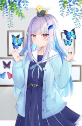 Rule 34 | 1girl, bird, blue bow, blue bowtie, blue eyes, blue hair, blue shirt, blunt bangs, blush, bow, bowtie, bug, butterfly, closed mouth, collarbone, dress, duck, hair ornament, hairclip, hands up, highres, insect, lize helesta, long hair, long sleeves, nijisanji, open clothes, open shirt, picture frame, plant, purple dress, sailor collar, shirt, sidelocks, sisoha, solo, standing, upper body, virtual youtuber