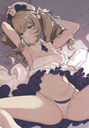 Rule 34 | 1girl, armpits, arms behind head, arms up, barbara (genshin impact), bare shoulders, blonde hair, blue eyes, blush, breasts, cleavage, covered erect nipples, detached collar, dress, genshin impact, hareno chiame, highres, long hair, looking at viewer, medium breasts, navel, panties, thighs, twintails, underwear, white dress, white headwear, white panties