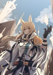 Rule 34 | 1girl, absurdres, animal ears, arknights, armor, belt, black gloves, blonde hair, cape, coat, gloves, highres, horse ears, horse girl, if f, nearl (arknights), nearl the radiant knight (arknights), official alternate costume, sky, solo, white cape, yellow eyes