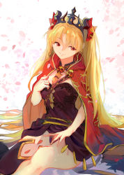 Rule 34 | 1girl, blonde hair, breasts, cloak, crown, ereshkigal (fate), eyebrows hidden by hair, falling petals, fate/grand order, fate (series), headdress, highres, jewelry, long hair, looking at viewer, medium breasts, necklace, petals, red eyes, saitogiulio, sitting, skirt, skull, smile, solo, very long hair