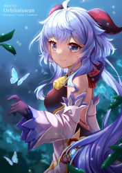 Rule 34 | 1girl, absurdres, ahoge, artist name, back, backless outfit, bare shoulders, bell, black gloves, blue hair, blush, bow, breasts, bug, butterfly, detached sleeves, from side, ganyu (genshin impact), genshin impact, gloves, highres, horns, insect, light smile, long hair, looking at another, low ponytail, medium breasts, neck bell, night, orbitalswan, purple eyes, sidelocks, solo, upper body, vision (genshin impact), white sleeves, wide sleeves
