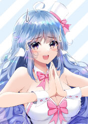 Rule 34 | 1girl, absurdres, animal ears, blue background, blue eyes, blue hair, breasts, cleavage, commentary, detached collar, hat, hat ribbon, highres, indie virtual youtuber, large breasts, leotard, light blush, long hair, looking at viewer, mini hat, mini top hat, nervous, nervous smile, nervous sweating, open mouth, own hands together, pink ribbon, ribbon, seikopy (vtuber), sheep ears, sheep girl, sidelocks, smile, spanish commentary, strapless, strapless leotard, striped background, sweat, sweatdrop, teeth, timelessheaven, top hat, upper teeth only, virtual youtuber, white background, white hat, white leotard