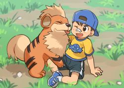 Rule 34 | 1boy, :d, a-roku (eeroku), backwards hat, bandaid, bandaid on face, bandaid on nose, black shorts, blue footwear, blue headwear, child, creatures (company), game freak, gen 1 pokemon, gen 3 pokemon, grass, growlithe, hat, highres, male focus, nintendo, npc trainer, on ground, one eye closed, open mouth, outdoors, pokemon, pokemon (creature), pokemon oras, sableye, shirt, shoes, shorts, sitting, smile, twitter username, yellow shirt, youngster (pokemon)
