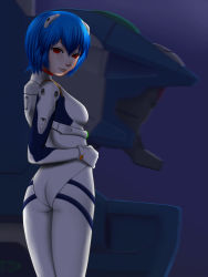 Rule 34 | 1girl, ass, ayanami rei, back, backlighting, bad id, bad pixiv id, blue hair, blurry, bodysuit, bracer, breasts, closed mouth, cyclops, depth of field, eva 00, flat ass, from behind, from side, gloves, hair between eyes, hand on own hip, headgear, hip focus, legs together, light, light smile, lips, looking at viewer, looking back, mecha, medium breasts, neon genesis evangelion, one-eyed, pilot suit, plugsuit, red eyes, robot, shade, shadow, short hair, smile, solo, standing, tana-ka, turtleneck